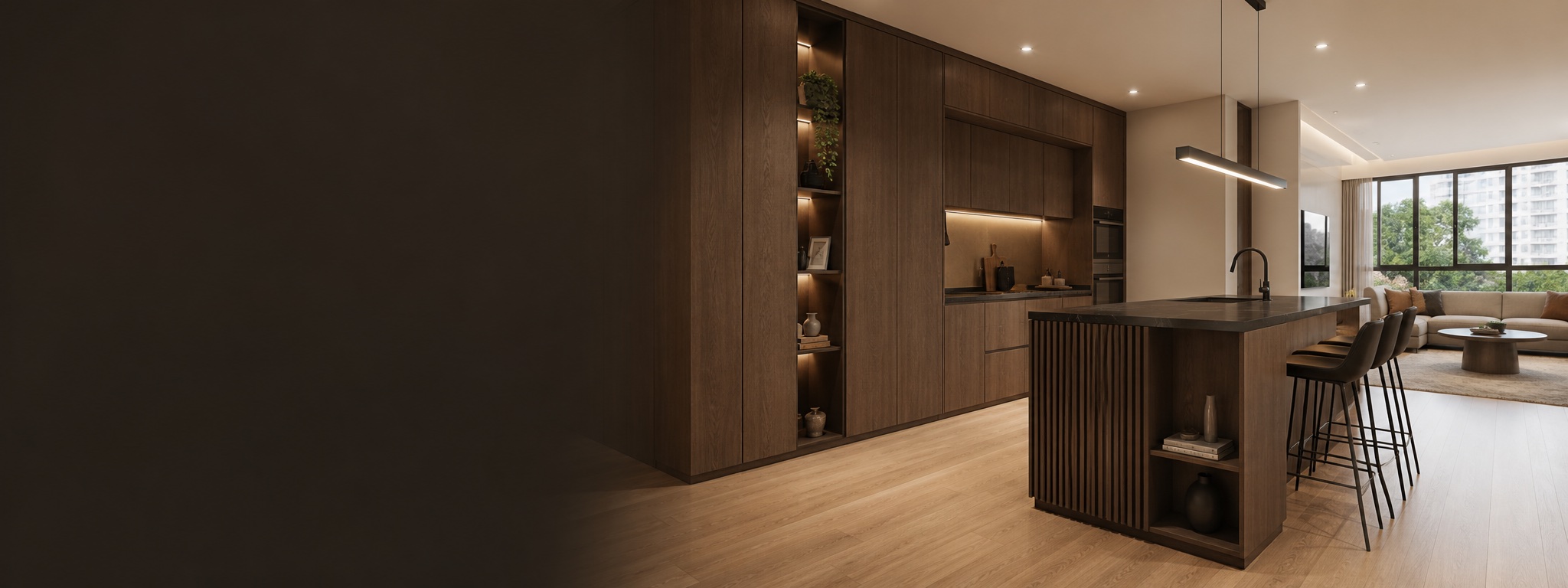 Warm walnut built-in cabinetry and kitchen island in a completed Singapore home